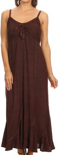 Sakkas Allie Stonewashed Embroidered Adjustable Spaghetti Straps Long Dress#color_Chocolate