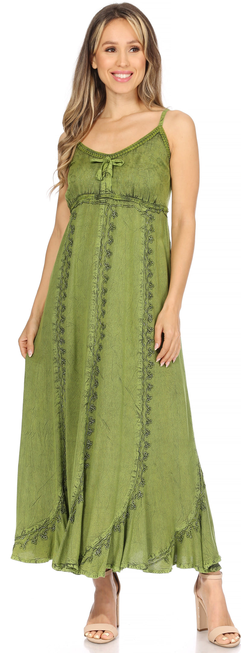 Sakkas Allie Stonewashed Embroidered Adjustable Spaghetti Straps Long Dress S/M / Chocolate Sakkas Allie Stonewashed Embroidered Adjustable Spaghetti Straps Long Dress S/M / Chocolate