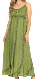 Sakkas Allie Stonewashed Embroidered Adjustable Spaghetti Straps Long Dress#color_Green
