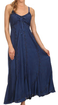 Sakkas Allie Stonewashed Embroidered Adjustable Spaghetti Straps Long Dress#color_Navy