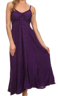 Sakkas Allie Stonewashed Embroidered Adjustable Spaghetti Straps Long Dress#color_Purple