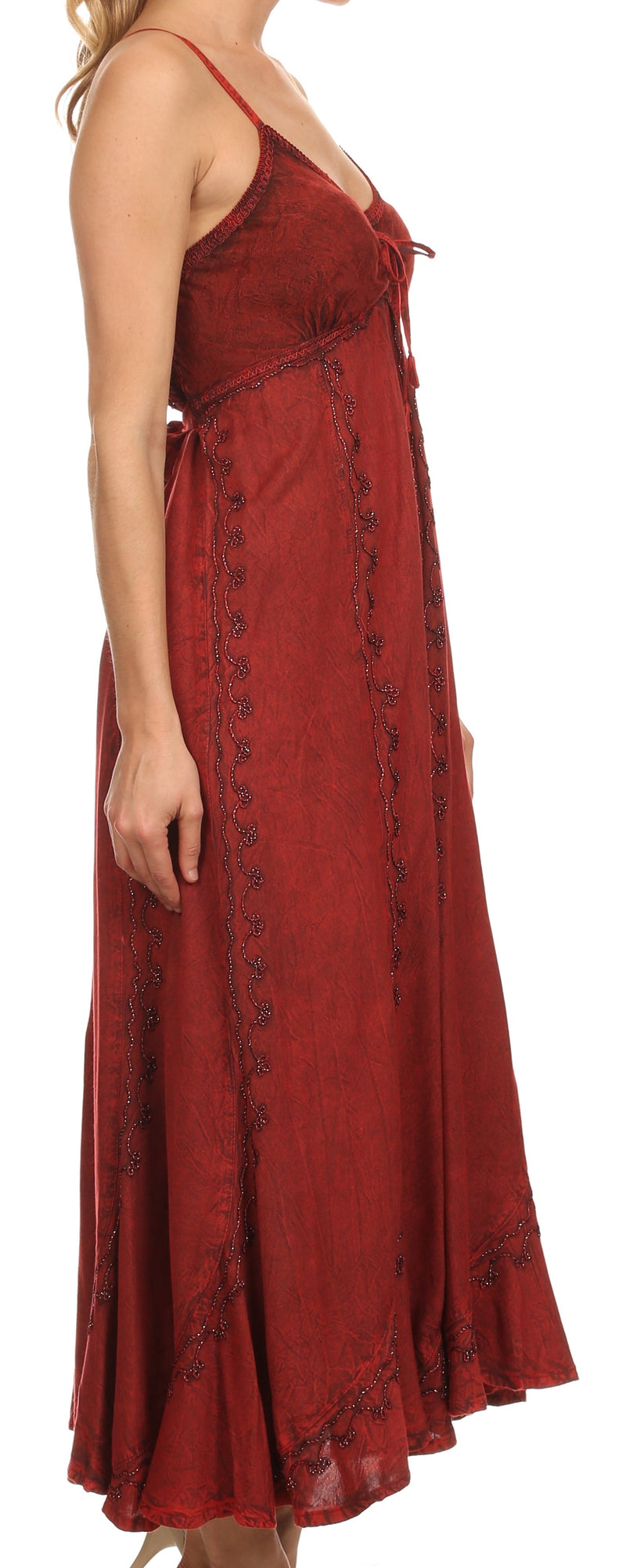 Sakkas Allie Stonewashed Embroidered Adjustable Spaghetti Straps Long Dress