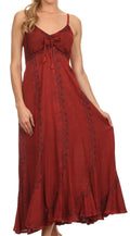 Sakkas Allie Stonewashed Embroidered Adjustable Spaghetti Straps Long Dress#color_Red