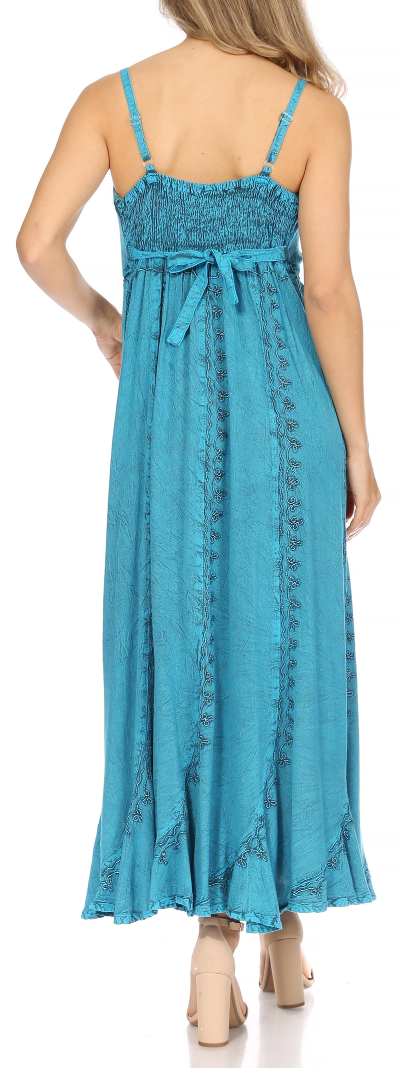 Sakkas Allie Stonewashed Embroidered Adjustable Spaghetti Straps Long Dress