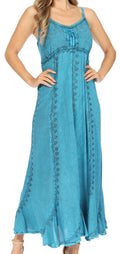 Sakkas Allie Stonewashed Embroidered Adjustable Spaghetti Straps Long Dress#color_Turquoise
