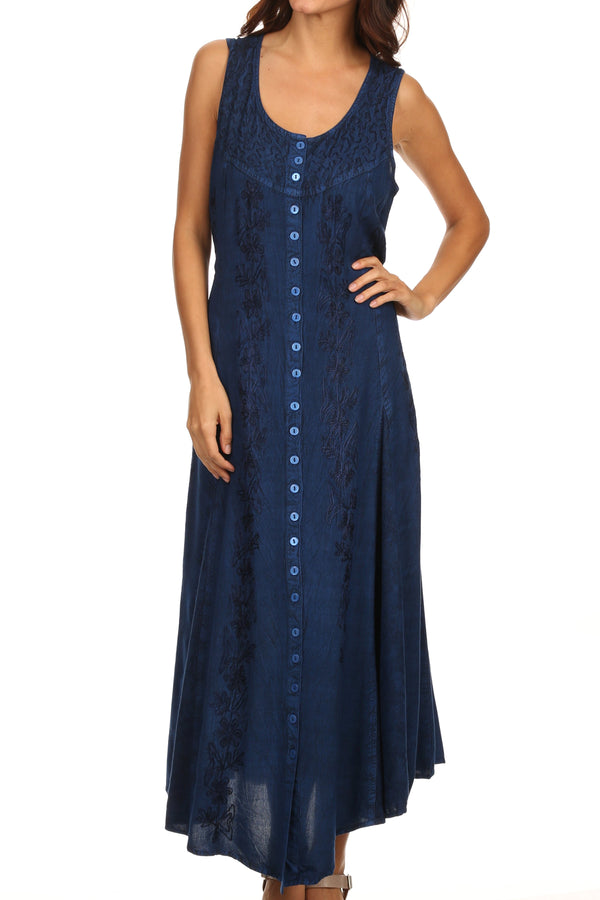 Sakkas Maya Floral Embroidered Sleeveless Button Up Rayon Dress#Color_Blue