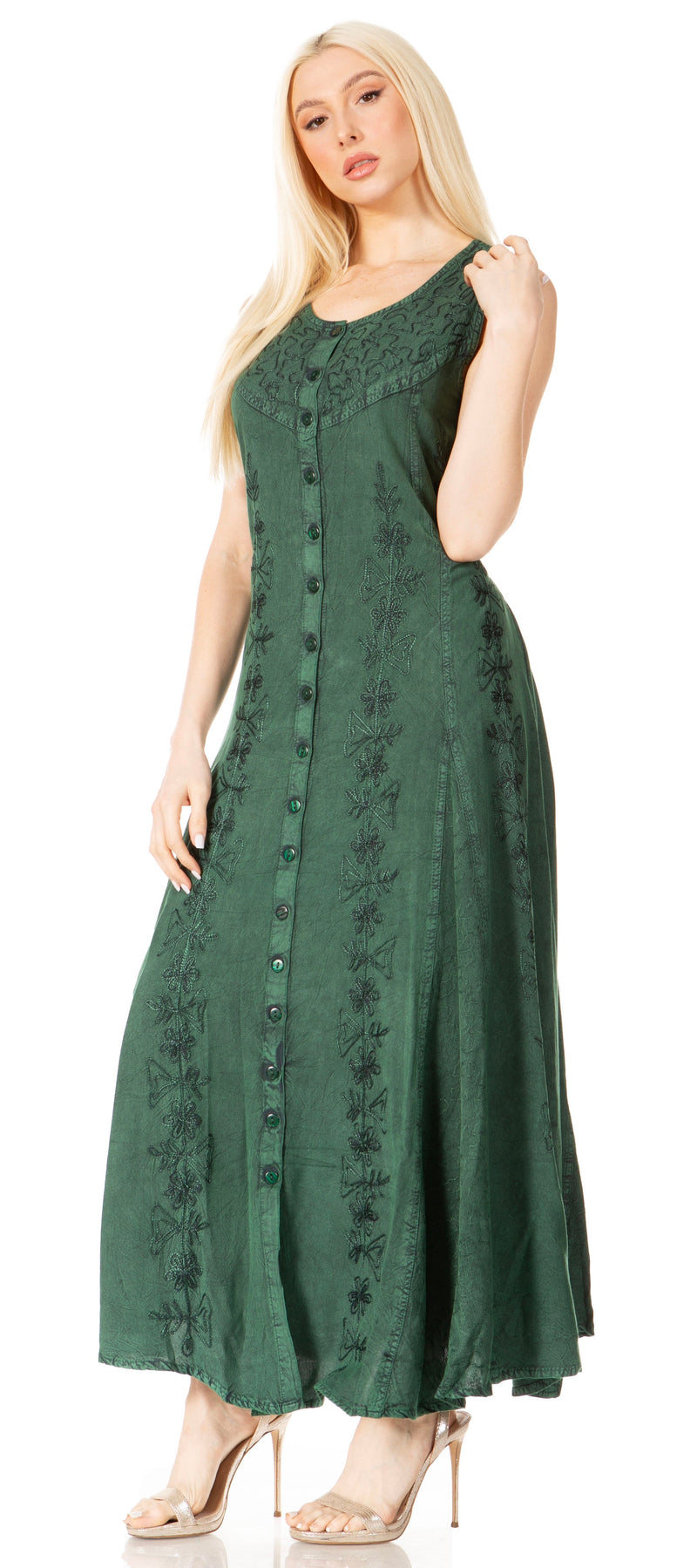 Sakkas Maya Floral Embroidered Sleeveless Button Up Rayon Dress