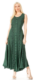 Sakkas Maya Floral Embroidered Sleeveless Button Up Rayon Dress#Color_Green