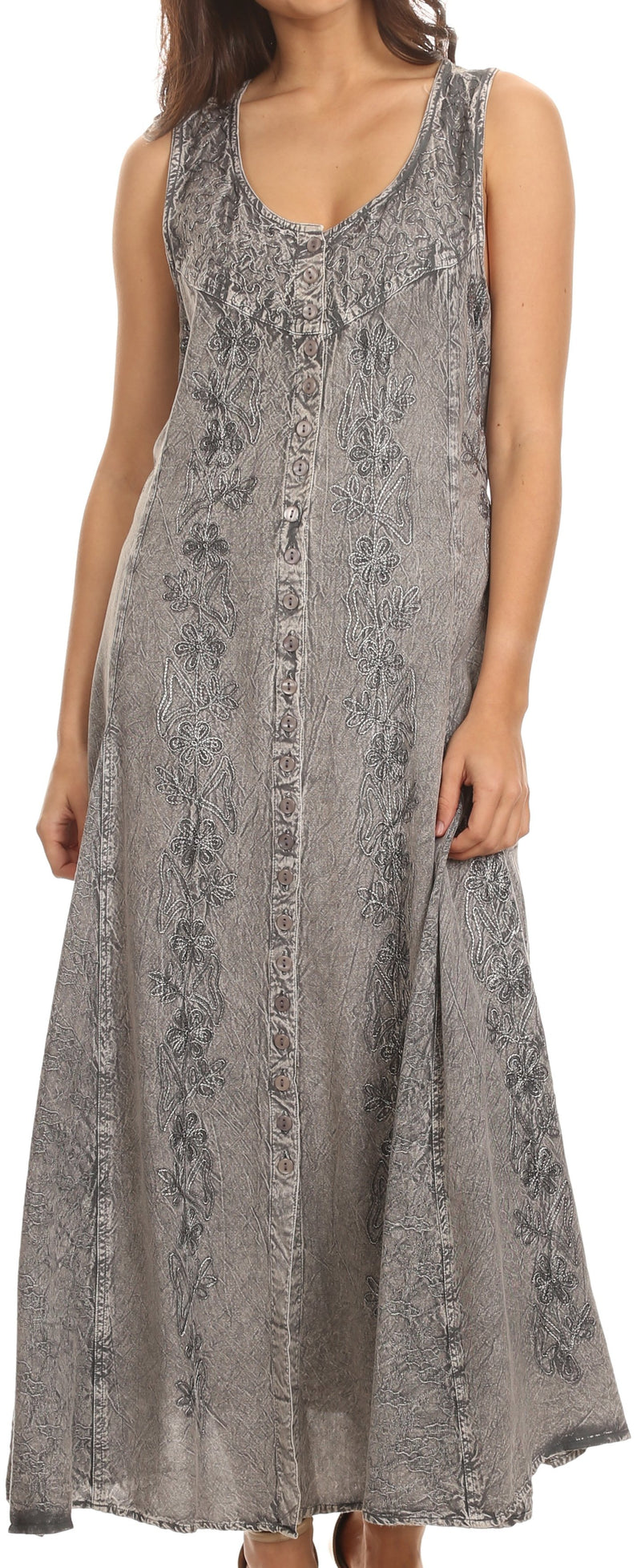 Sakkas Maya Floral Embroidered Sleeveless Button Up Rayon Dress
