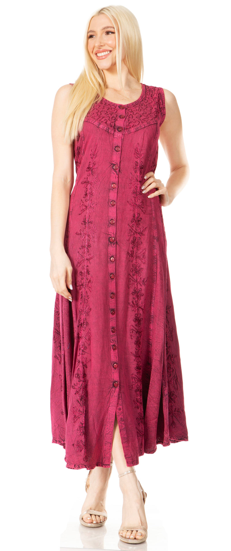 Sakkas Maya Floral Embroidered Sleeveless Button Up Rayon Dress