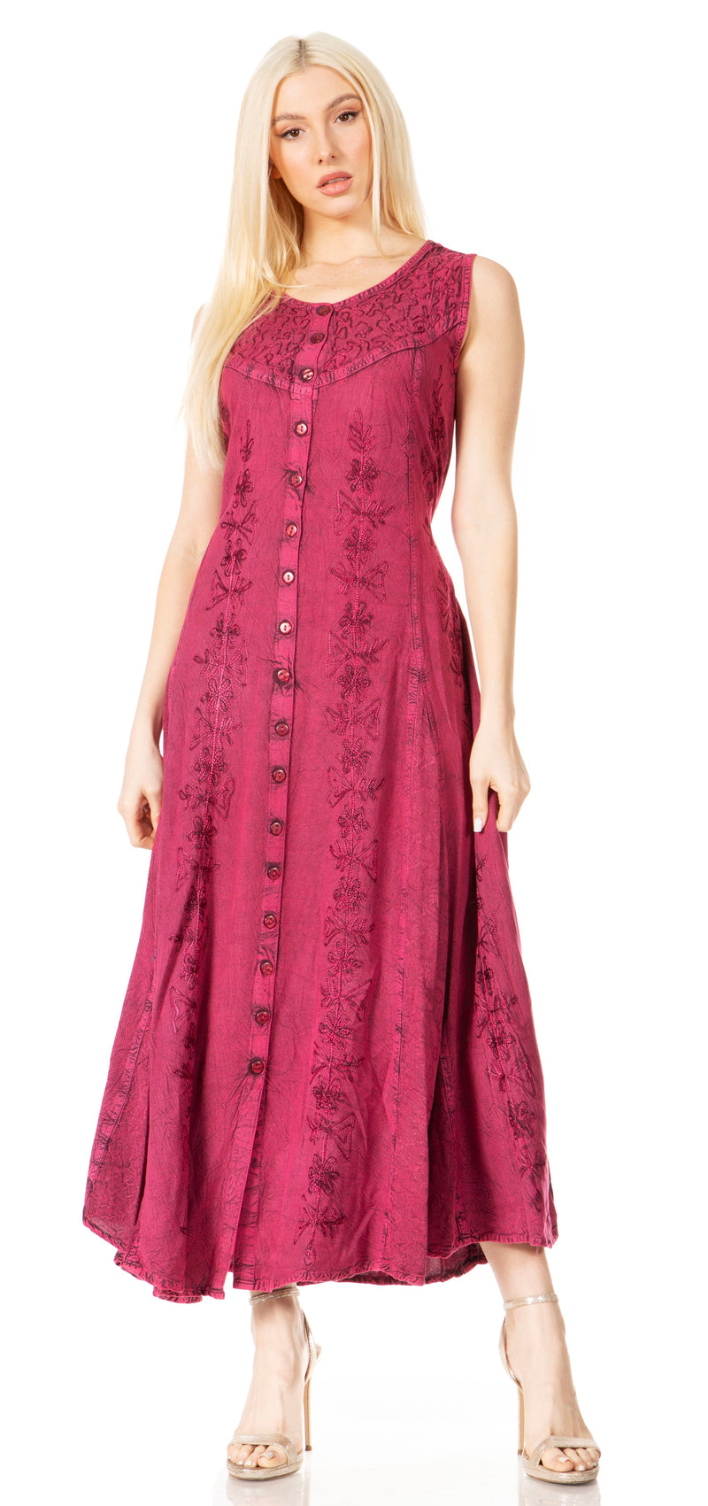 Sakkas Maya Floral Embroidered Sleeveless Button Up Rayon Dress