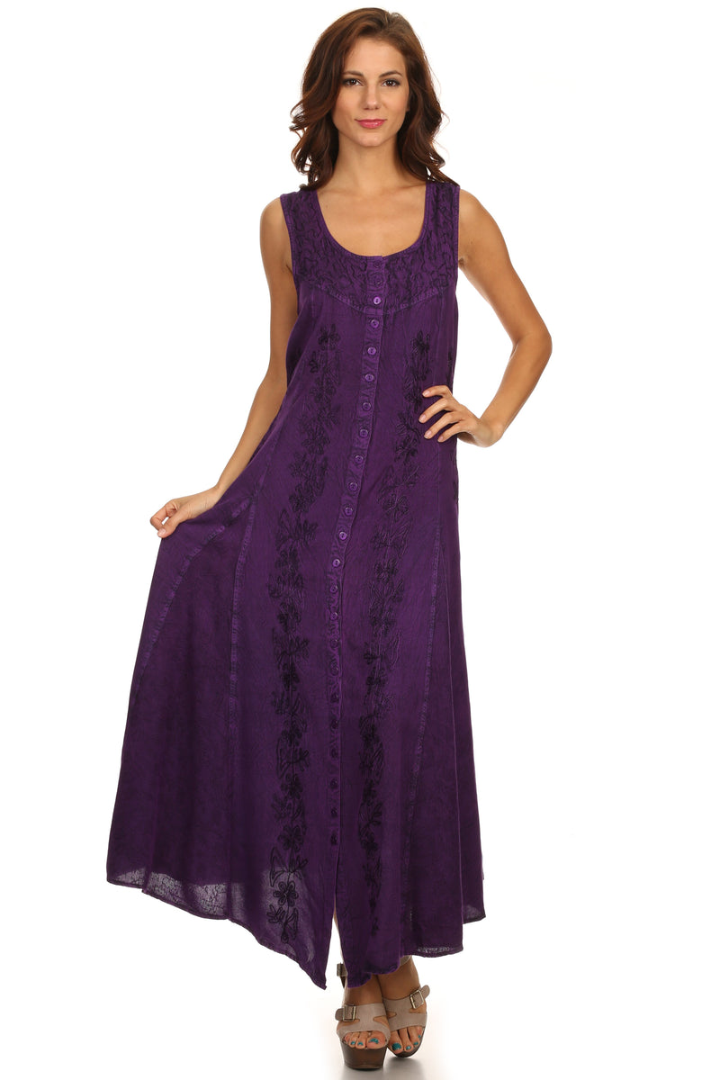 Sakkas Maya Floral Embroidered Sleeveless Button Up Rayon Dress Sakkas Maya Floral Embroidered Sleeveless Button Up Rayon Dress