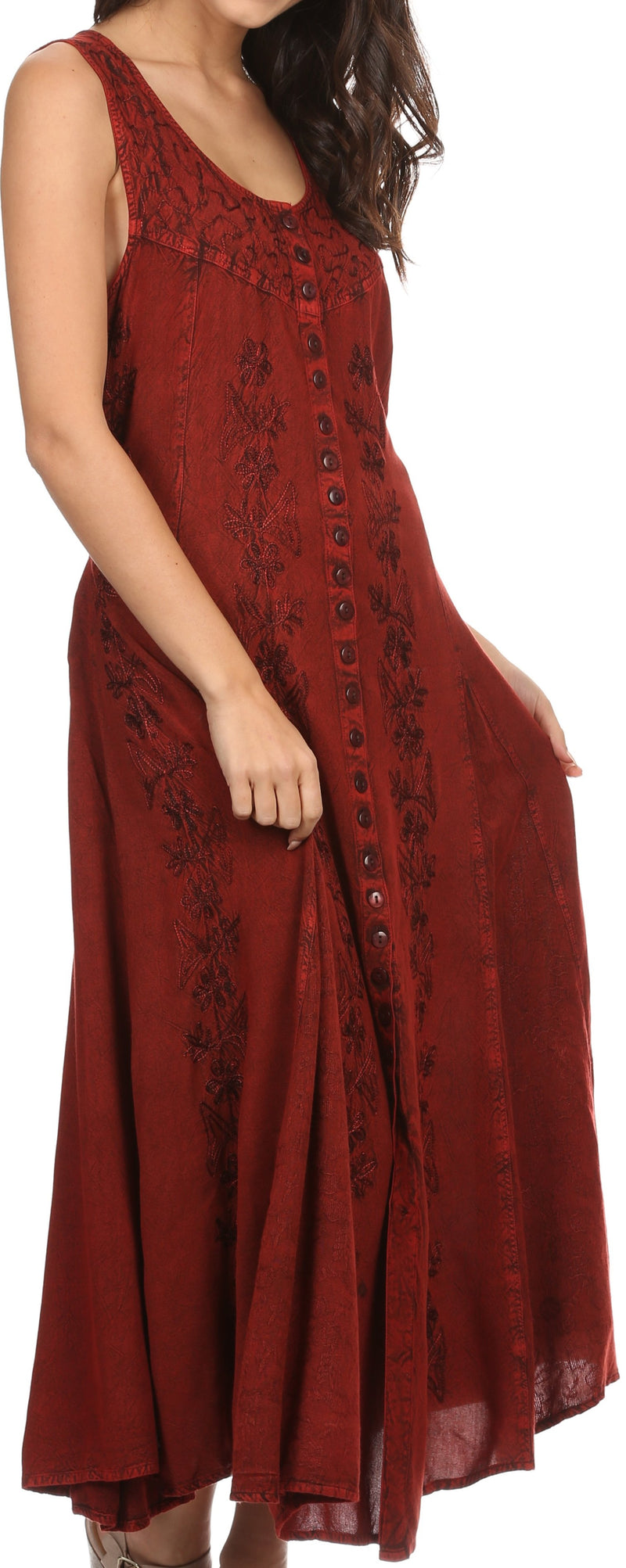 Sakkas Maya Floral Embroidered Sleeveless Button Up Rayon Dress