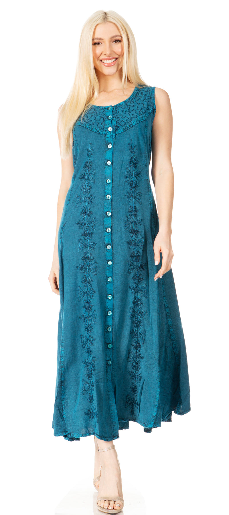 Sakkas Maya Floral Embroidered Sleeveless Button Up Rayon Dress