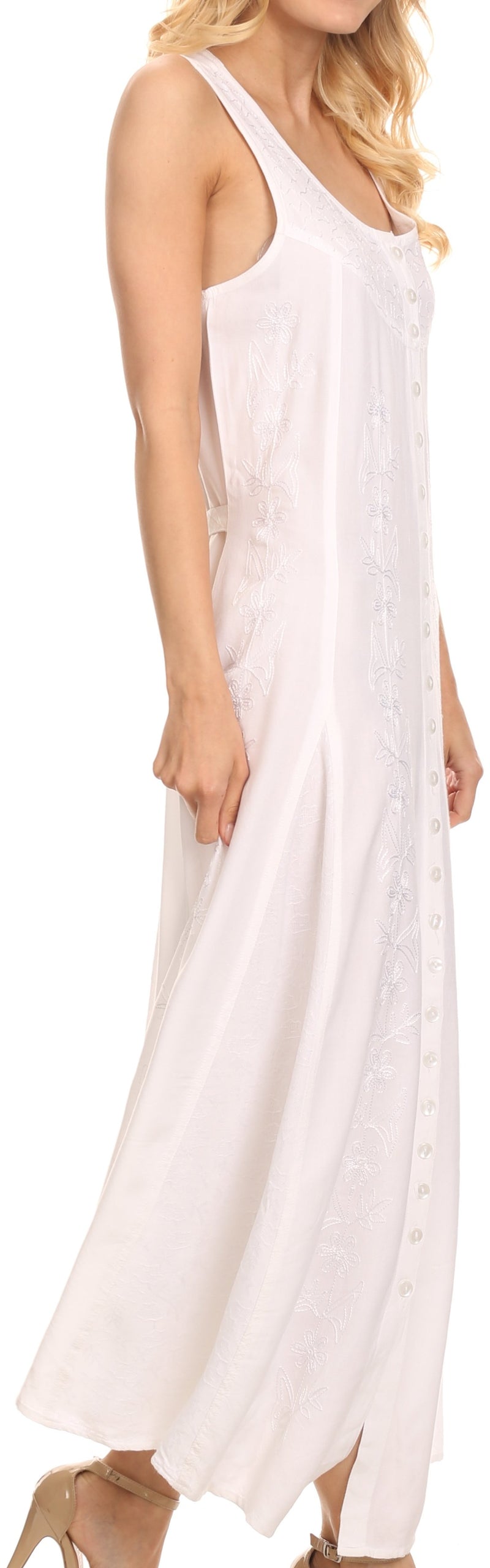 Sakkas Maya Floral Embroidered Sleeveless Button Up Rayon Dress