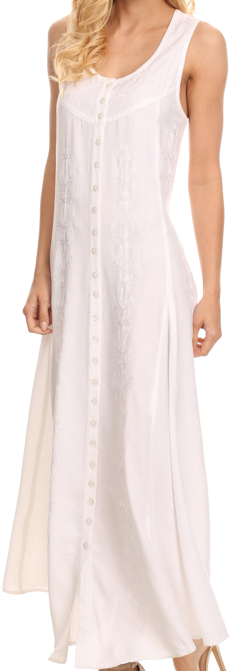 Sakkas Maya Floral Embroidered Sleeveless Button Up Rayon Dress