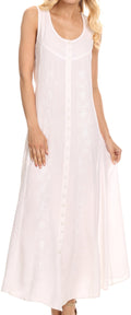 Sakkas Maya Floral Embroidered Sleeveless Button Up Rayon Dress#Color_White