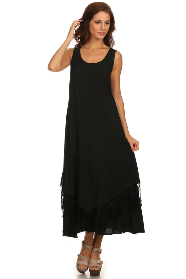 Sakkas Emma Relaxed Fit Scoop Neck Double Layered with Fringe Tank Dress#color_Black