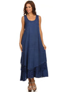 Sakkas Emma Relaxed Fit Scoop Neck Double Layered with Fringe Tank Dress#color_Blue