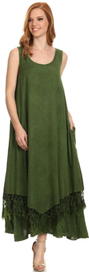 Sakkas Emma Relaxed Fit Scoop Neck Double Layered with Fringe Tank Dress