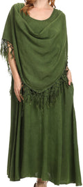 Sakkas Emma Relaxed Fit Scoop Neck Double Layered with Fringe Tank Dress#color_Green