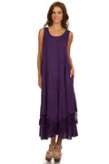 Sakkas Emma Relaxed Fit Scoop Neck Double Layered with Fringe Tank Dress#color_Purple