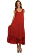 Sakkas Emma Relaxed Fit Scoop Neck Double Layered with Fringe Tank Dress#color_Red