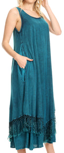 Sakkas Emma Relaxed Fit Scoop Neck Double Layered with Fringe Tank Dress