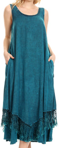 Sakkas Emma Relaxed Fit Scoop Neck Double Layered with Fringe Tank Dress#color_Turquoise