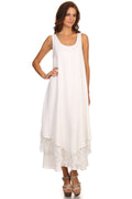 Sakkas Emma Relaxed Fit Scoop Neck Double Layered with Fringe Tank Dress#color_White