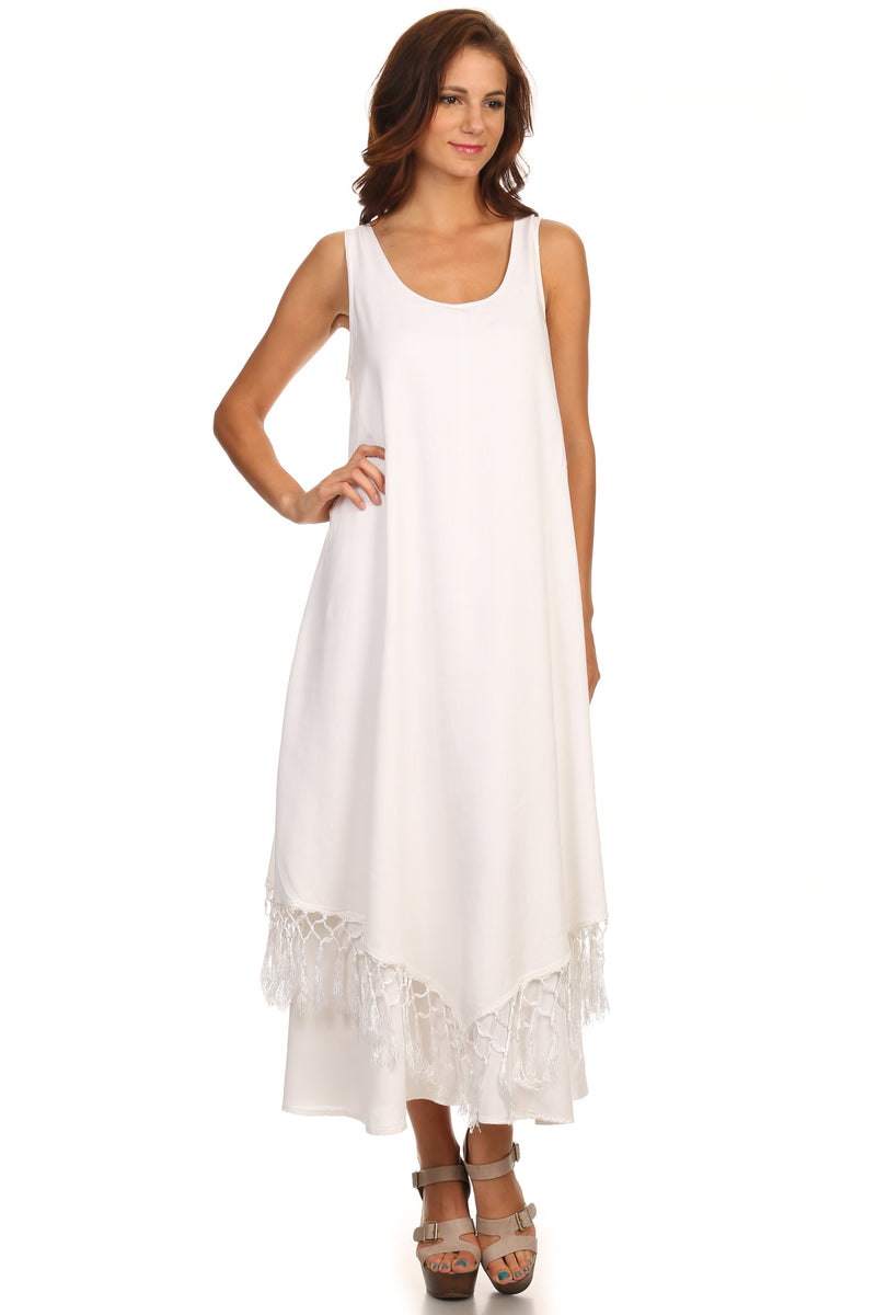 Sakkas Emma Relaxed Fit Scoop Neck Double Layered with Fringe Tank Dress