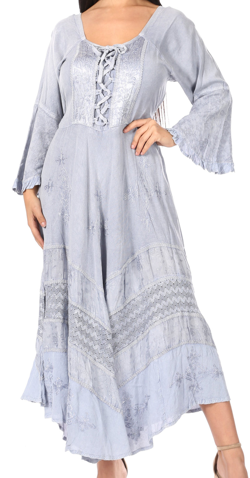 Sakkas Mirabel Stonewashed Corset Style Floral Emboridery Kimono Sleeve Dress