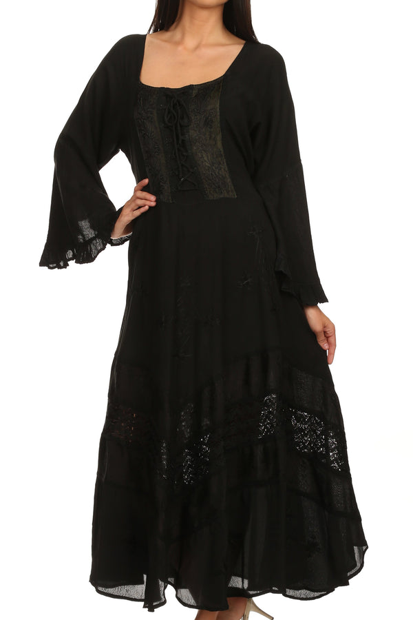 Sakkas Mirabel Stonewashed Corset Style Floral Emboridery Kimono Sleeve Dress#color_ Black
