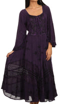 Sakkas Mirabel Stonewashed Corset Style Floral Emboridery Kimono Sleeve Dress#color_ Dark Purple