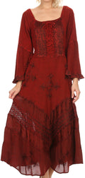 Sakkas Mirabel Stonewashed Corset Style Floral Emboridery Kimono Sleeve Dress#color_Red