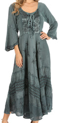 Sakkas Mirabel Stonewashed Corset Style Floral Emboridery Kimono Sleeve Dress#color_Turquoise
