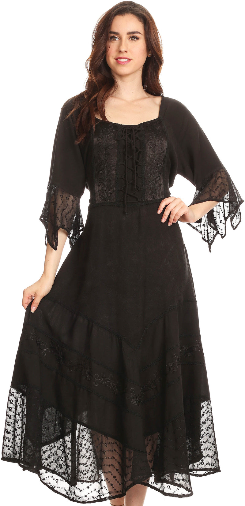 Sakkas Bexley Scoop Neck Bell Sleeve Bohemian Gypsy Embroidered Corset Dress