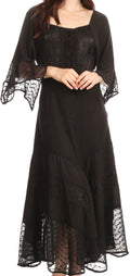 Sakkas Bexley Scoop Neck Bell Sleeve Bohemian Gypsy Embroidered Corset Dress#color_Black