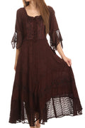 Sakkas Bexley Scoop Neck Bell Sleeve Bohemian Gypsy Embroidered Corset Dress#color_Chocolate