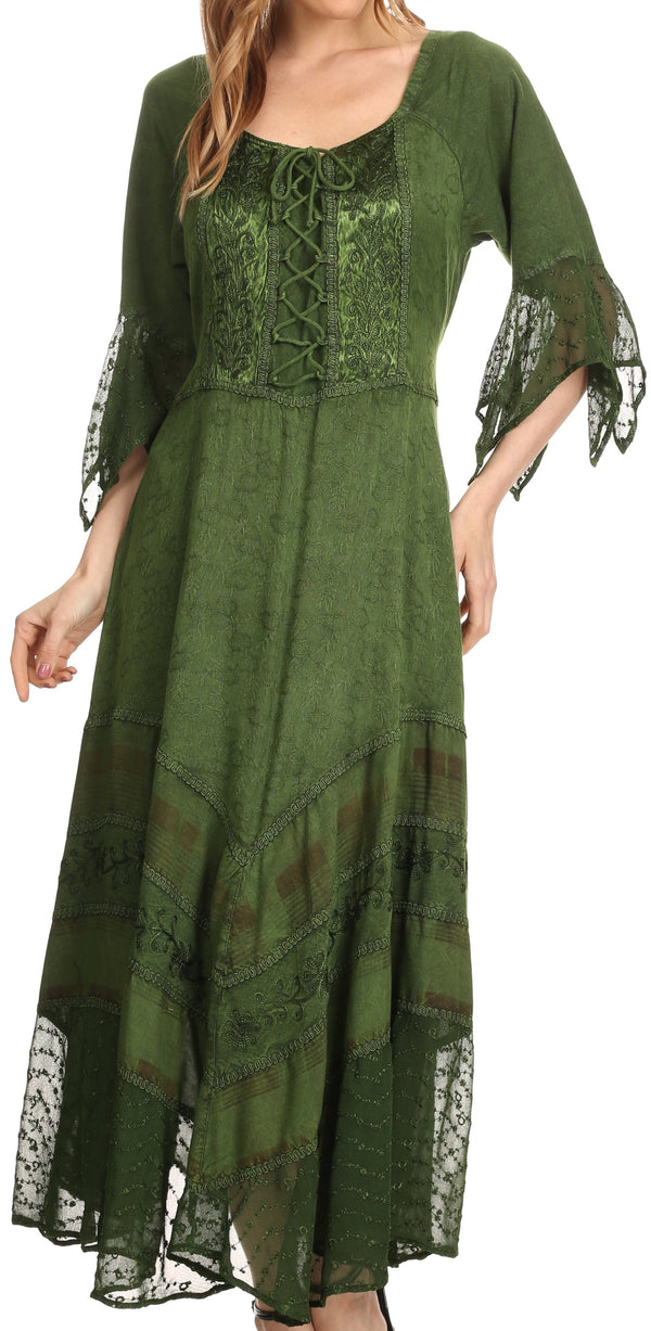 Sakkas Bexley Scoop Neck Bell Sleeve Bohemian Gypsy Embroidered Corset Dress#color_ForestGreen