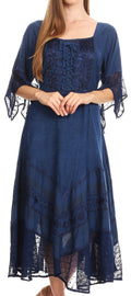 Sakkas Bexley Scoop Neck Bell Sleeve Bohemian Gypsy Embroidered Corset Dress#color_Navy