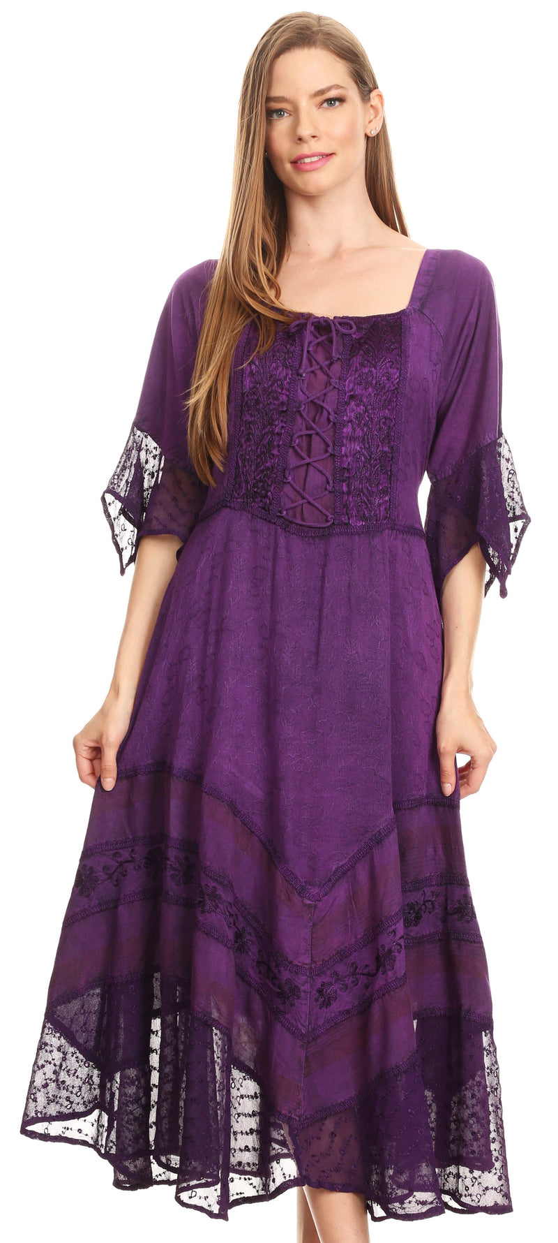 Sakkas Bexley Scoop Neck Bell Sleeve Bohemian Gypsy Embroidered Corset Dress
