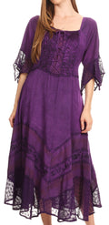 Sakkas Bexley Scoop Neck Bell Sleeve Bohemian Gypsy Embroidered Corset Dress#color_Purple