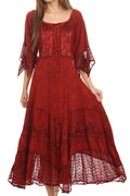 Sakkas Bexley Scoop Neck Bell Sleeve Bohemian Gypsy Embroidered Corset Dress#color_Red