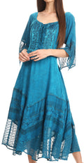 Sakkas Bexley Scoop Neck Bell Sleeve Bohemian Gypsy Embroidered Corset Dress#color_Turquoise