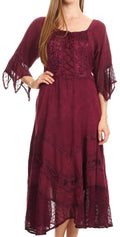 Sakkas Bexley Scoop Neck Bell Sleeve Bohemian Gypsy Embroidered Corset Dress#color_Wine