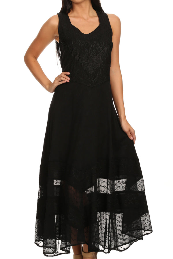 Sakkas Zendaya Stonewashed Rayon Embroidered Floral Vine Sleeveless V-neck Dress#color_Black