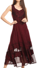 Sakkas Zendaya Stonewashed Rayon Embroidered Floral Vine Sleeveless V-neck Dress#color_Burgundy