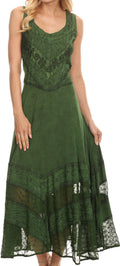 Sakkas Zendaya Stonewashed Rayon Embroidered Floral Vine Sleeveless V-neck Dress#color_DarkGreen