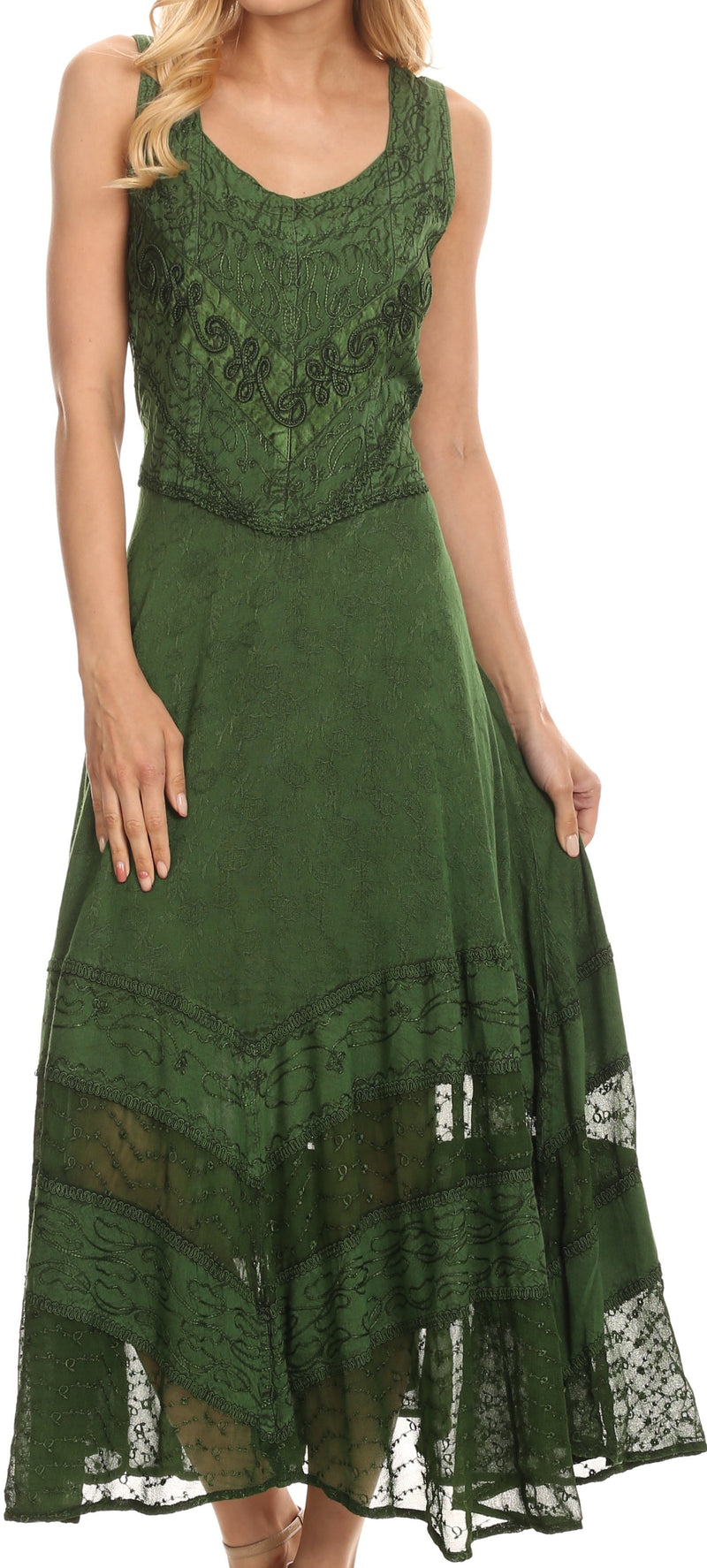 Sakkas Zendaya Stonewashed Rayon Embroidered Floral Vine Sleeveless V-neck Dress